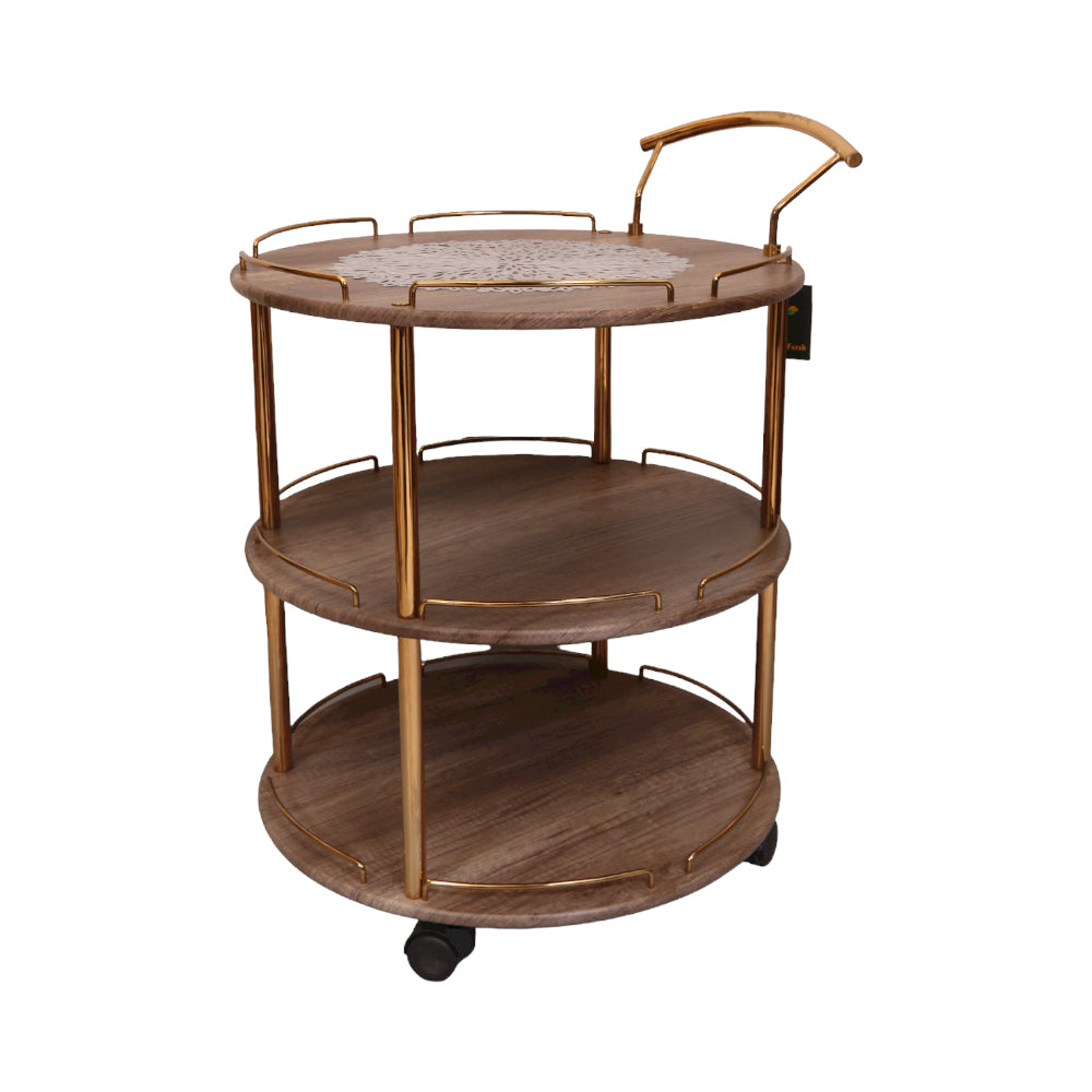 3 Shelf Round Folding Tea Trolley With Light Brown Top and Golden Frame