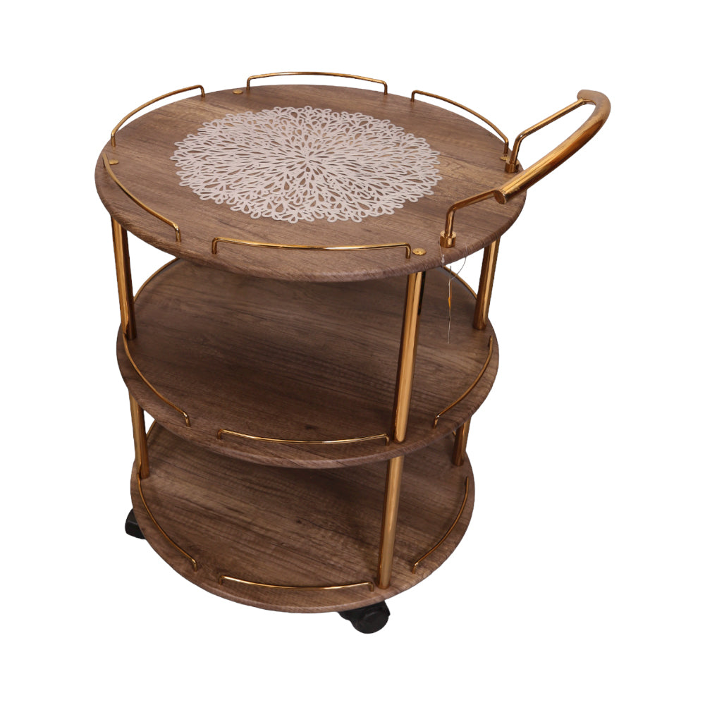 3 Shelf Round Folding Tea Trolley With Light Brown Top and Golden Frame