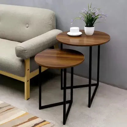 2 PIECES ROUND NESTING SIDE TABLE WITH WOODEN TOP