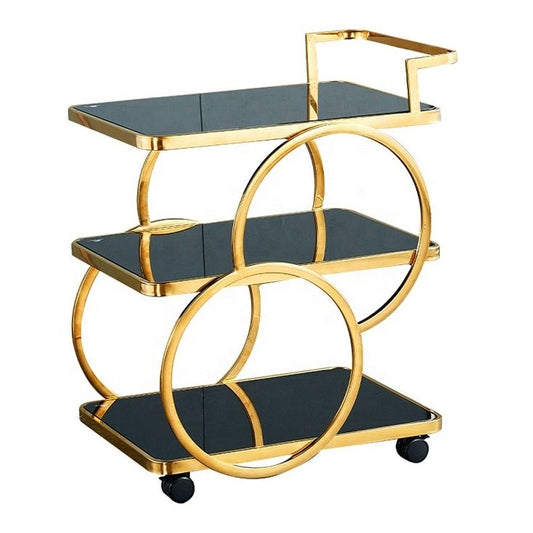 Modern Metal Rolling 3-Tier Trolley With Handle In Black & Gold With Black Acrylic -1188
