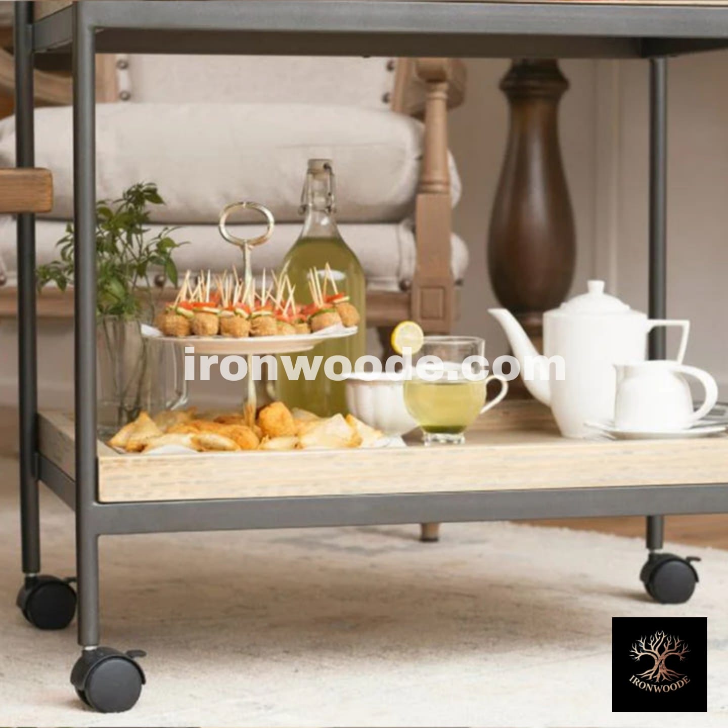 Modern Style Wooden Serving Trolly With Metal Frame In Black-1501
