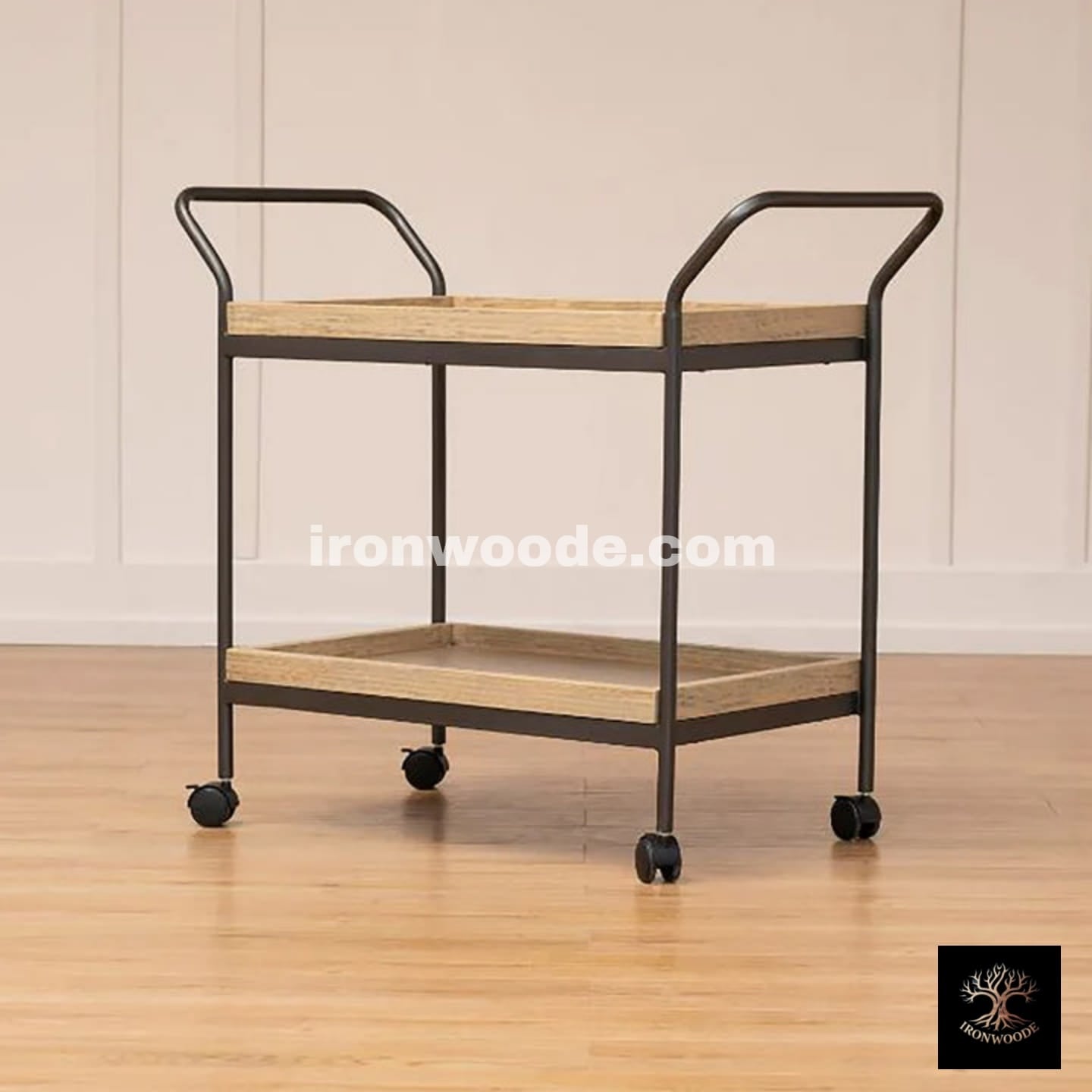 Modern Style Wooden Serving Trolly With Metal Frame In Black-1501