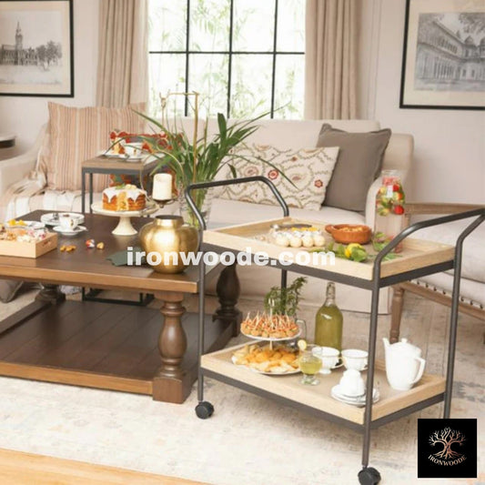 Modern Style Wooden Serving Trolly With Metal Frame In Black-1501
