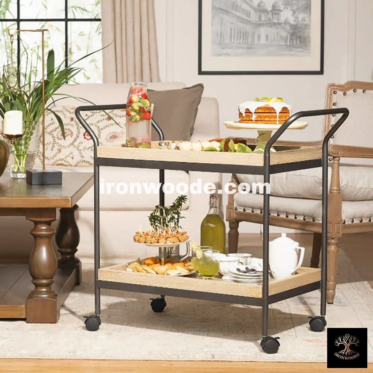 Modern Style Wooden Serving Trolly With Metal Frame In Black-1501