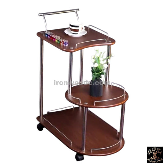 Baggi Tea Trolley FOLDING 3 SHELF Dark Brown Silver-1200