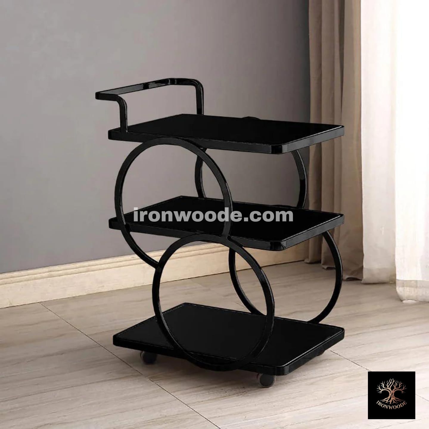 Modern Metal Rolling 3-Tier Trolley With Handle Black Base And Black Acrylic -1198