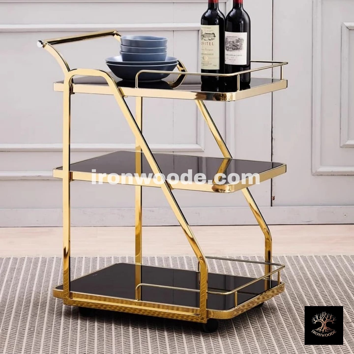 Metal Rolling 3-Tier Trolley With Handle In Black & Gold -1189