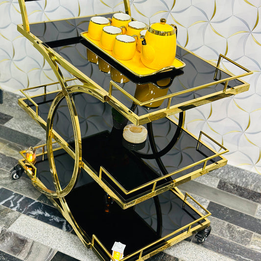 Metal Rolling 3-Tier Trolley With Handle In Black & Gold-1206