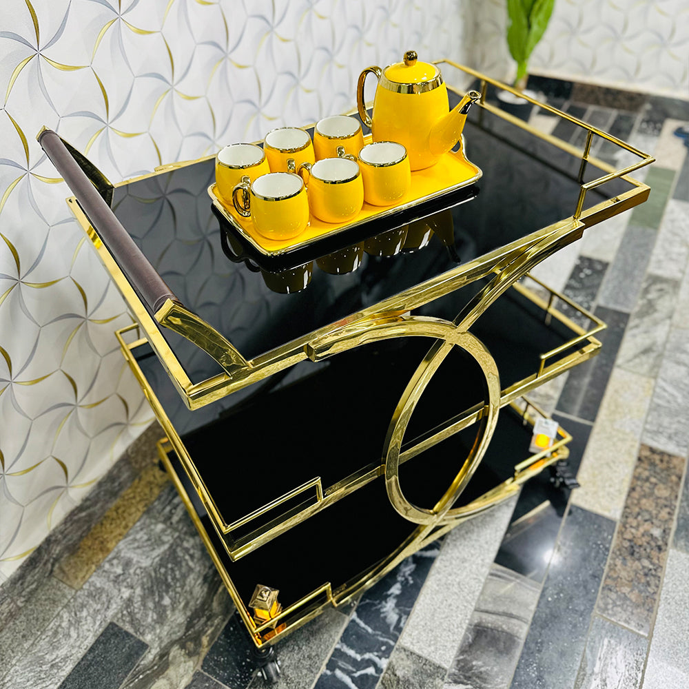Metal Rolling 3-Tier Trolley With Handle In Black & Gold-1206