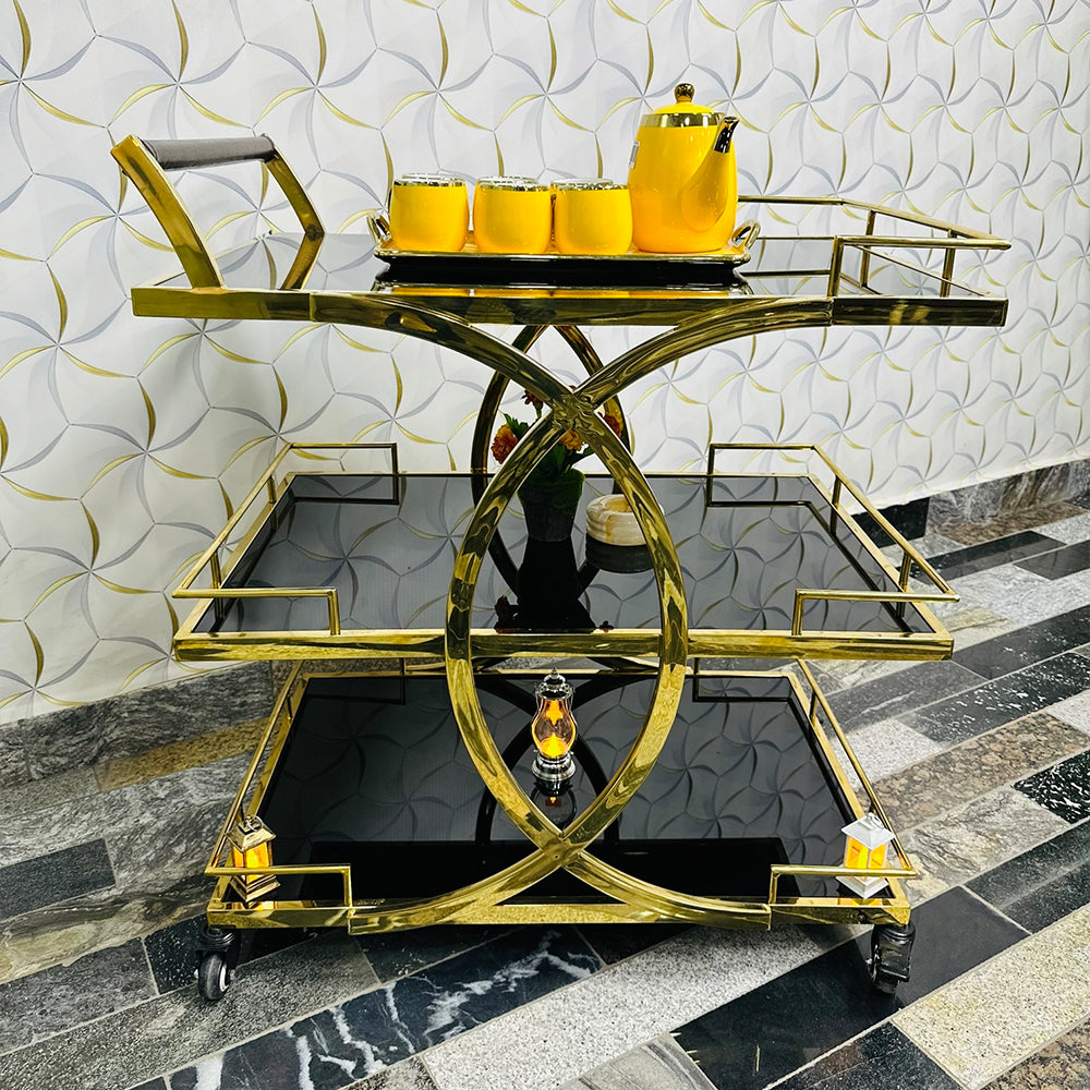 Metal Rolling 3-Tier Trolley With Handle In Black & Gold-1206