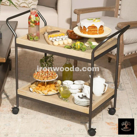 Modern Style Wooden Serving Trolly With Metal Frame In Black-1501