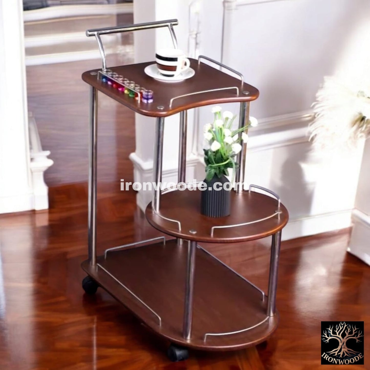 Baggi Tea Trolley FOLDING 3 SHELF Dark Brown Silver-1200