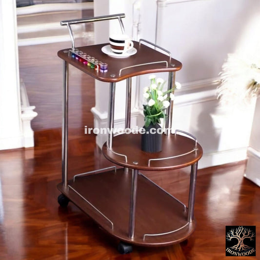 Baggi Tea Trolley FOLDING 3 SHELF Dark Brown Silver-1200