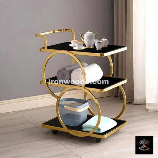 Modern  Metal Rolling 3-Tier Trolley With Handle In Black & Gold With Black Acrylic -1188
