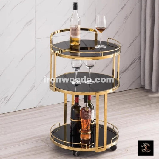 Metal Rolling 3-Tier Trolley With Handle In Black & Gold-1197