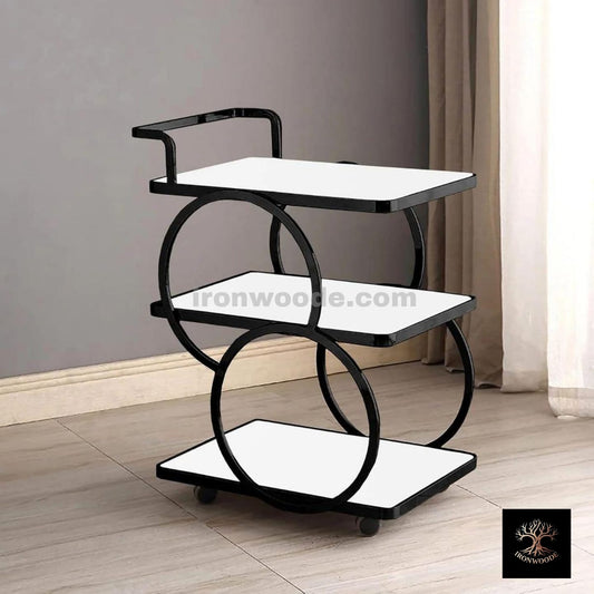 Modern Metal Rolling 3-Tier Trolley With Handle Black Base And White Acrylic -1199