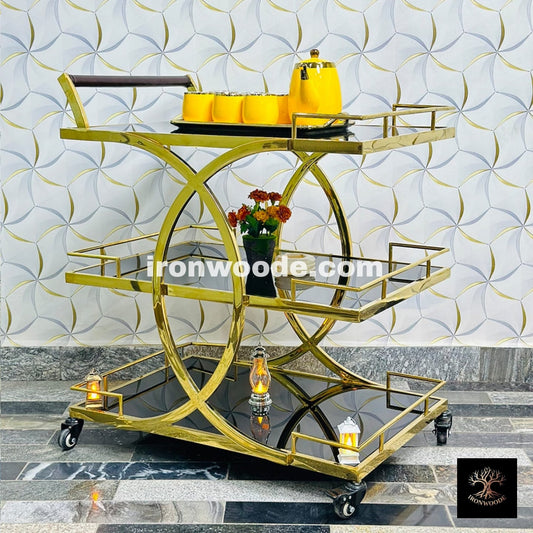 Metal Rolling 3-Tier Trolley With Handle In Black & Gold-1206